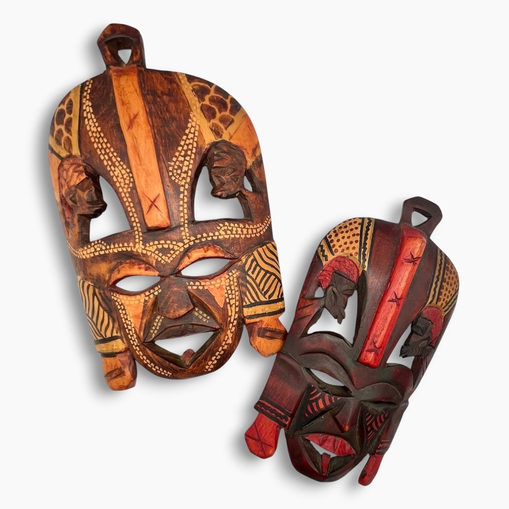 Set of 2 Hand Carved Wooden African Tribal Masks Kenya Wall Art